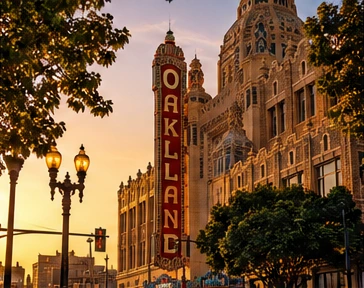 Oakland's historic downtown architecture in golden light